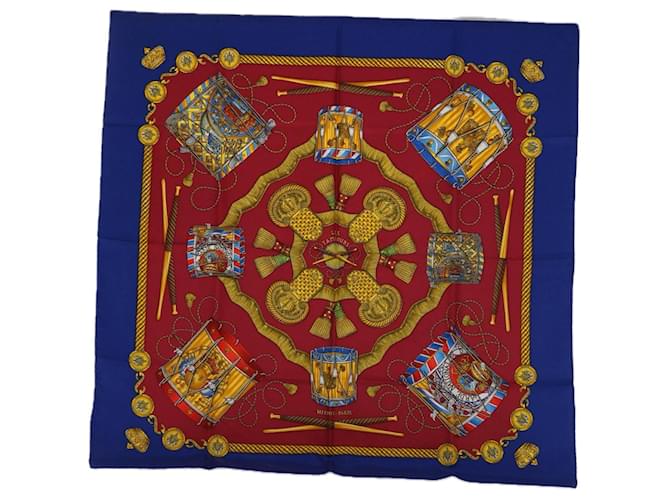 Hermès HERMES CARRE 90 LES TAMBOURS Scarf Silk Red Blue Auth 63544  ref.1219235