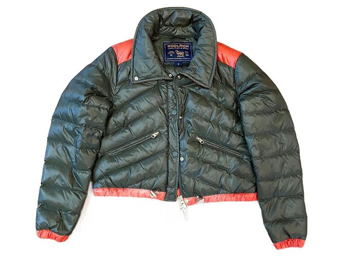 Jaqueta de pluma curta Woolrich nylon cáqui e laranja Multicor