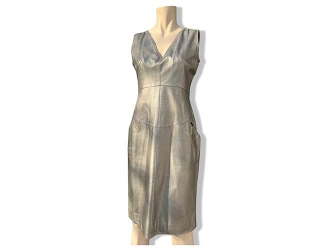 Chanel FW 1999 OPEN BACK DRESS SILVER LEATHER Lambskin leather - collector’s piece. Silvery Grey  ref.1219439