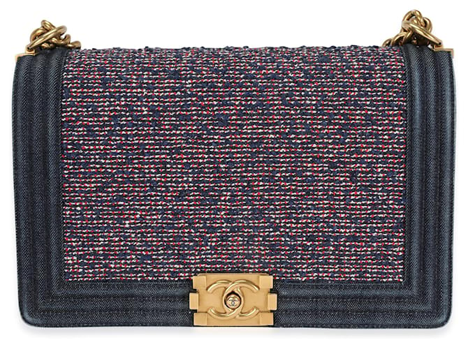 Chanel Blue Denim & Multicolor Boucle New Medium Boy Bag White Red Multiple colors Cloth  ref.1219896