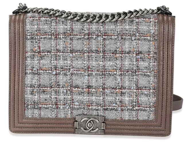 Chanel Taupe Caviar And Multicolor Tweed Large Boy Bag Multiple colors Leather Cloth  ref.1219905