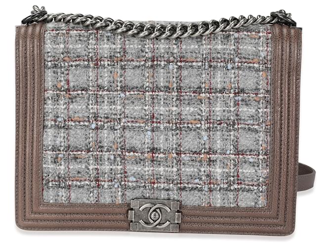 Chanel Taupe Caviar And Multicolor Tweed Large Boy Bag Mehrfarben Leder Leinwand  ref.1219905