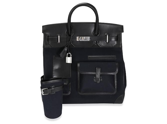 Ring Hermès Hermes Bleu Marine Toile & Black Box Calf Cargo Hac 40 PHW Cuir Noir  ref.1219918
