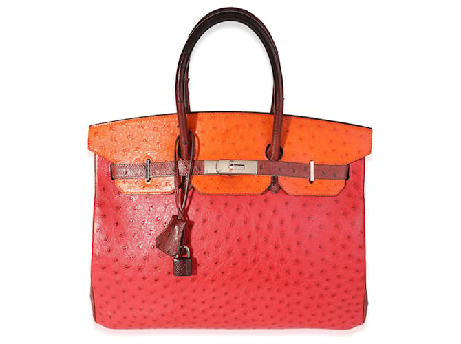 Hermès Rouge Vif, Mandarina, & Rouge H Avestruz Birkin 35 PHW Roja Naranja Burdeos Cueros exoticos  ref.1219933