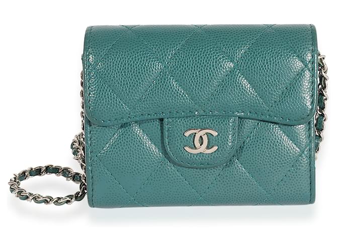 Classique Chanel Teal Quilted Caviar Classic Card Holder On Chain Cuir Bleu Vert  ref.1219943
