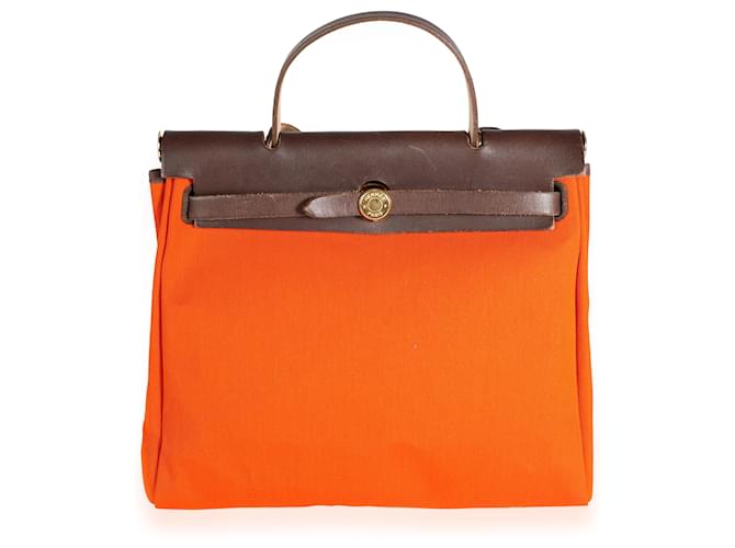 Hermès Hermes Orange & Red Toile 2-in-1 Herbag With Ebene Vache Hunter Leather Brown Cloth  ref.1219966