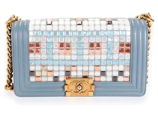 Le Boy Bolsa Chanel Edição Limitada Couro Azul Claro e Mosaico Médio Menino Rosa Branco Cinza  ref.1219973
