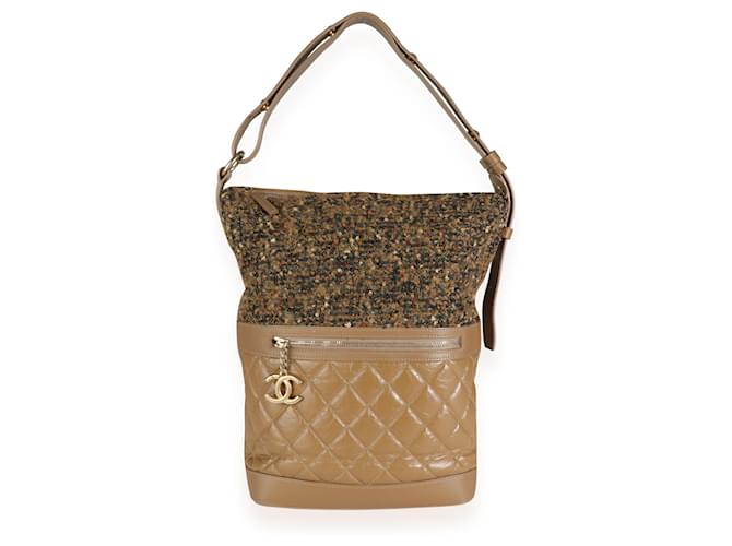 Chanel Tweed & Camel Acolchado Piel de becerro envejecida Medium Casual Style Hobo Castaño Cuero Paño  ref.1219989