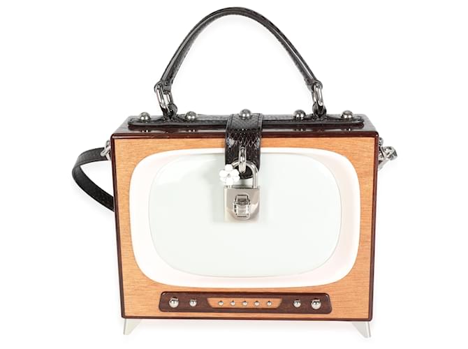 Saco de caixa de TV de madeira pintada à mão com alça de pele de cobra Dolce & Gabbana Marrom Rosa Cinza Couros exóticos  ref.1220011