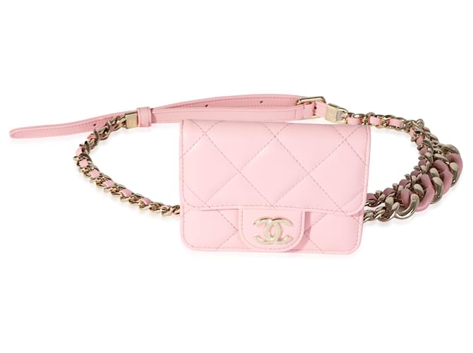 Bolso elegante con cinturón de cadena rosa de piel de cordero acolchada de Chanel Cuero  ref.1220025