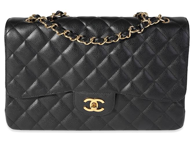 Timeless Chanel Black Quilted Caviar Jumbo Classic Single Flap Bag Negro Cuero  ref.1220044