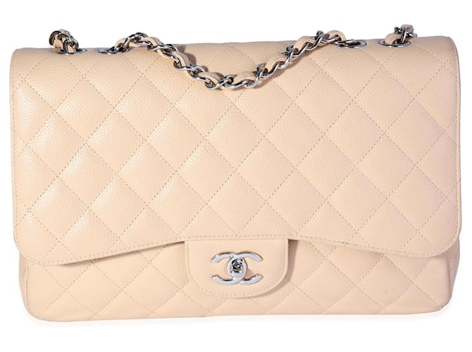 Timeless Chanel Beige Quilted Caviar Jumbo Classic Single Flap Bag Cuero  ref.1220049