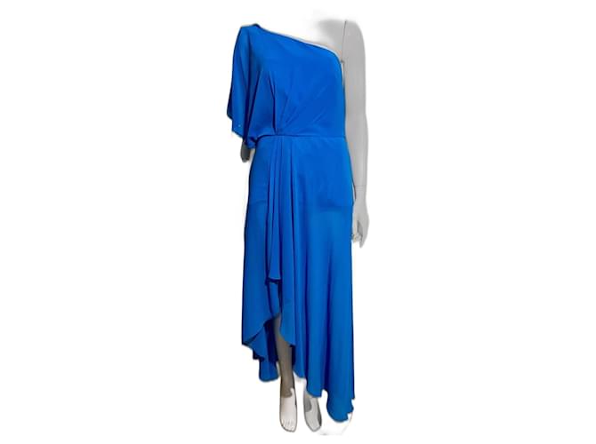 Jenny Packham Einschultriges Abendkleid aus Chiffon und Satin Blau Polyester  ref.1220096