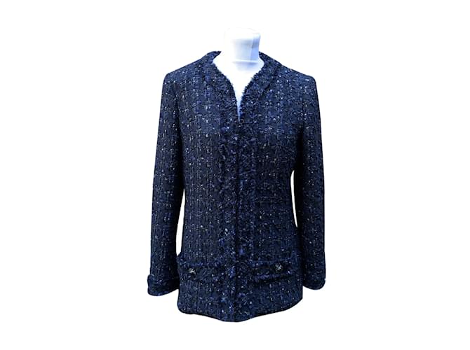 Chanel 2016 Giacca Bouclé frontale in lana blu navy con zip. Taglia 38 fr  ref.1220217