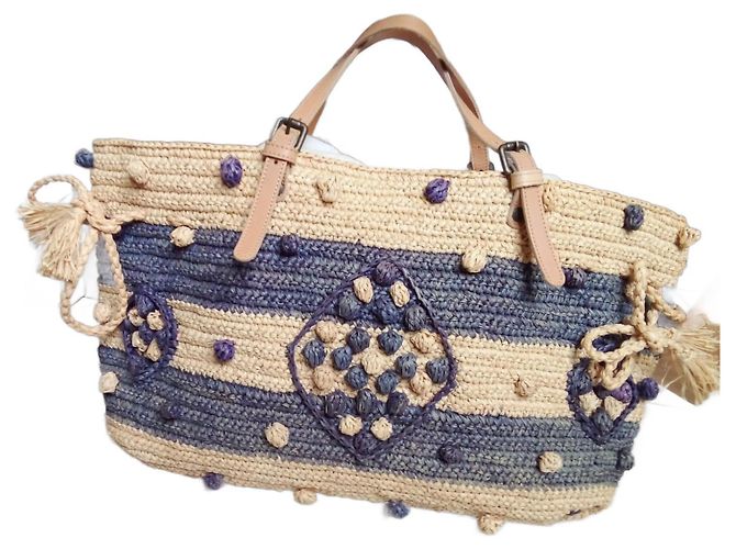 Bolso Gerard Darel Woodstock Ibiza 24H de paja y cuero azul beige