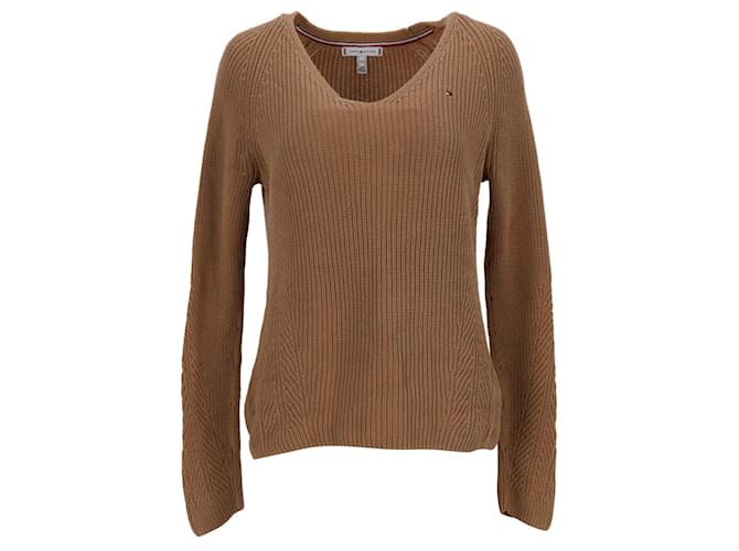 Tommy Hilfiger Womens Rib Knit V Neck Relaxed Fit Jumper in Khaki Green Cotton  ref.1220325