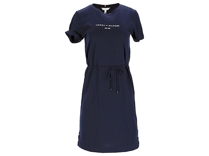 Vestido feminino Tommy Hilfiger Essentials Logo de manga curta em algodão azul marinho  ref.1220334