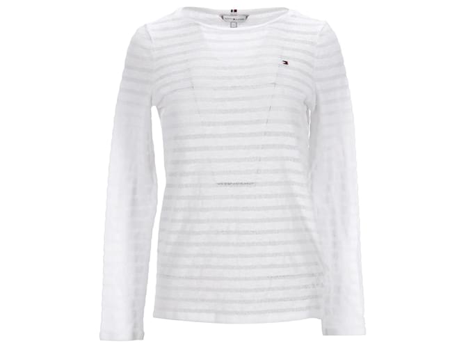 Tommy Hilfiger T-shirt da donna a maniche lunghe a righe semitrasparenti Bianco Cotone  ref.1220338