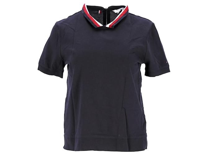 Tommy Hilfiger Damen-Poloshirt mit Glitzerkragen und entspannter Passform Marineblau Baumwolle  ref.1220356