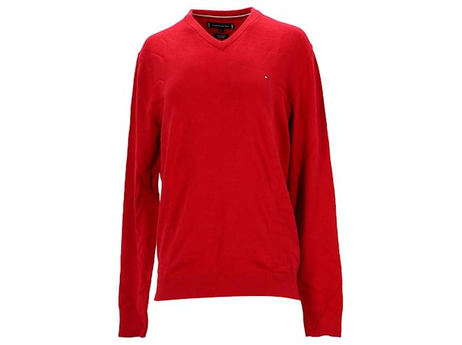 Suéter masculino Tommy Hilfiger com decote em V em caxemira de algodão vermelho  ref.1220357