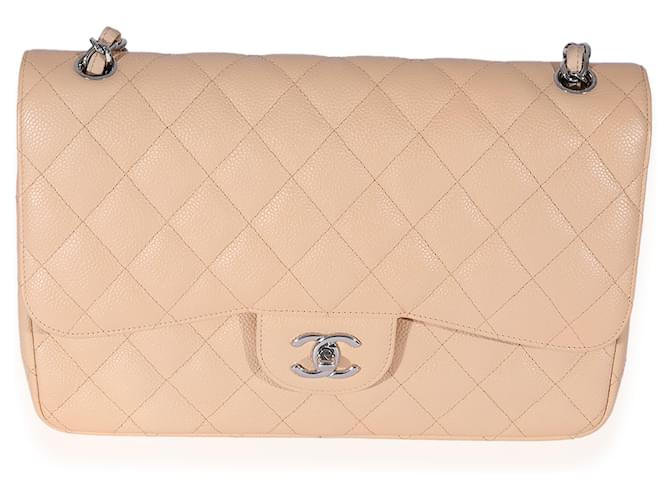 Timeless Chanel Beige Quilted Caviar Jumbo Classic gefütterte Klappentasche Leder  ref.1220925