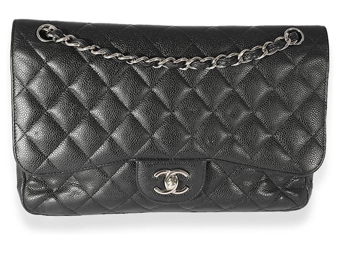Chanel Black Caviar Leather Jumbo gefütterte Flap Bag Schwarz Leder  ref.1220926