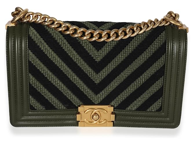 Chanel MittelgroBe geflochtene Chevron Jungentasche aus Lammleder in Khaki und Schwarz