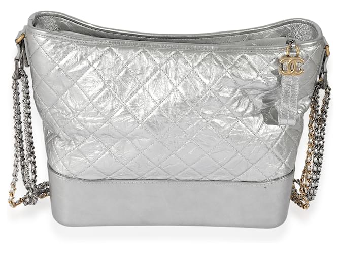 Chanel Silver Quilted Aged calf leather Large Gabrielle Hobo  ref.1220934