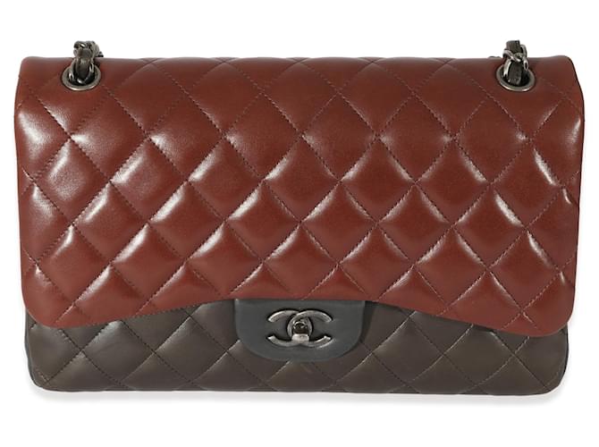 Timeless Chanel Bi-Color Quilted Lambskin Jumbo Double Flap Bag Grey Dark red Leather  ref.1220961