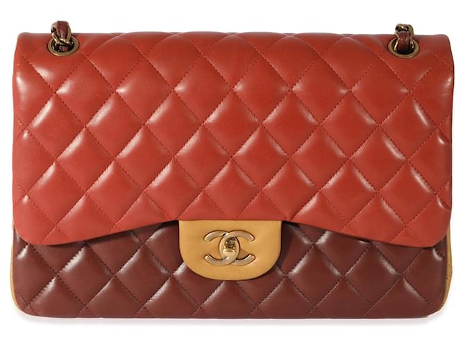 Timeless Chanel Tri-Color Lambskin Jumbo Double Flap Bag Red Multiple colors Beige Dark red Leather  ref.1220964