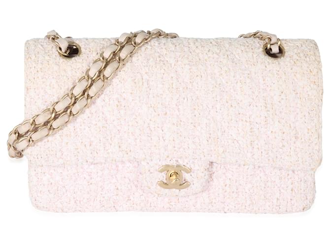 Timeless Bolsa Chanel Pink Tweed Medium Classic forrada com aba Rosa Pano  ref.1220980