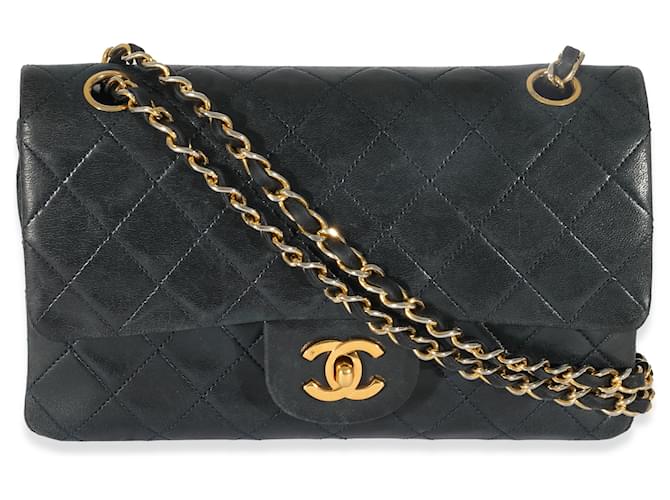 Timeless Chanel Navy Quilted Lambskin Small Classic Double Flap Bag Blue Leather  ref.1220983