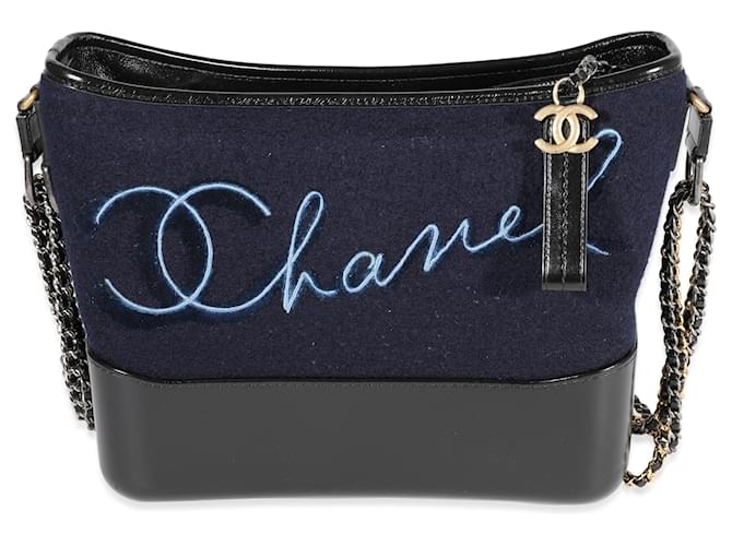 Chanel Navy Wool Paris-hamburg Embroidered Large Gabrielle Hobo Black Blue Leather  ref.1221004