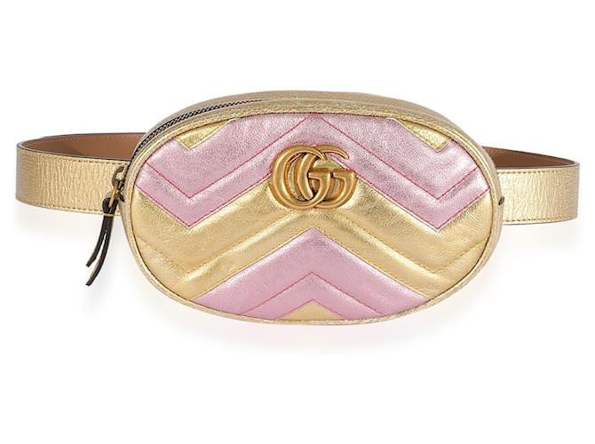 Gucci Metallic Gold & Pink Matelassé Marmont Belt Bag White gold Pink gold  ref.1221038