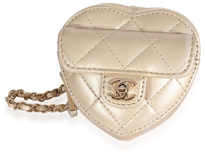 Chanel Metallic Gold Quilted Lambskin Heart Coin Purse Necklace White gold  ref.1221040
