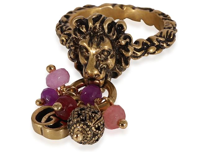 Gucci Brass Tone Lion Head & Beaded Charm Ring with Marmot GG  ref.1221067
