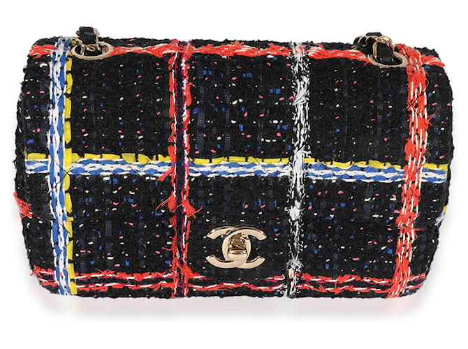 Timeless Chanel Mini bolsa retangular de tweed preta multicolorida com aba Multicor Pano  ref.1221070