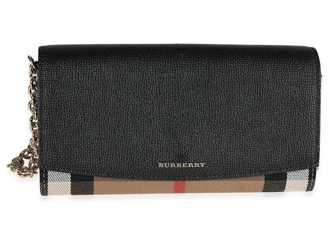 Burberry House Check & Black Leather Chain Wallet Brown Multiple colors Cloth  ref.1221084