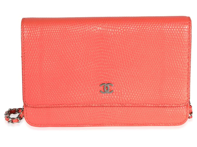 Chanel Coral Lizard Wallet On Chain Orange Leather  ref.1221101