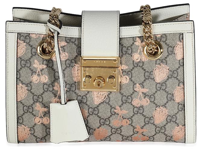 Gucci Beige GG Supreme Canvas Berry Kleine Tasche mit Vorhängeschloss Braun Weiß Leinwand  ref.1221168