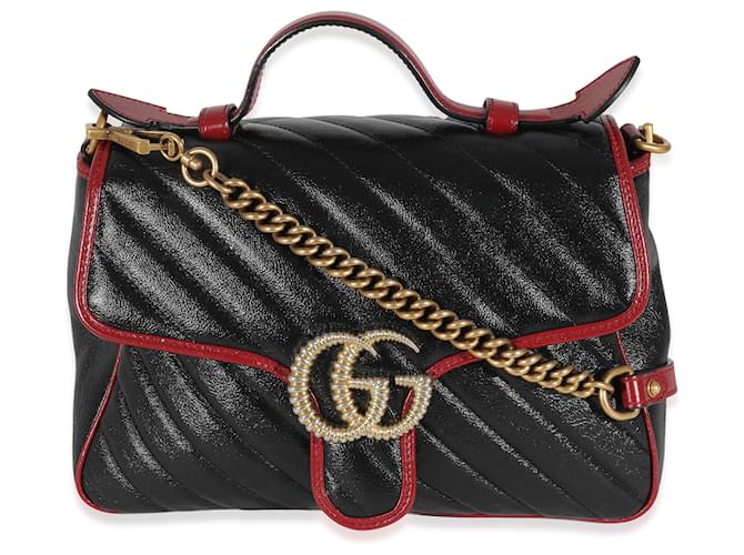 Gucci schwarzer gesteppter Leder-GG-Marmont-kleiner Torchon-Griff oben Rot Blau  ref.1221223