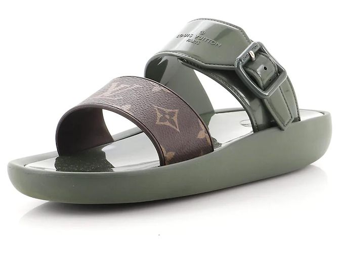 LOUIS VUITTON Monograma Sunbath Sandálias Mule Planas T39 US Caqui