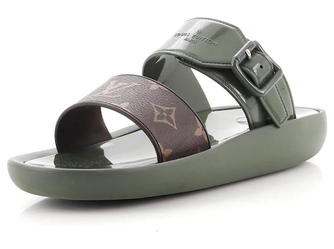 LOUIS VUITTON Monogram Sunbath Flat Mule Sandals T39 US Khaki Rubber  ref.1221299