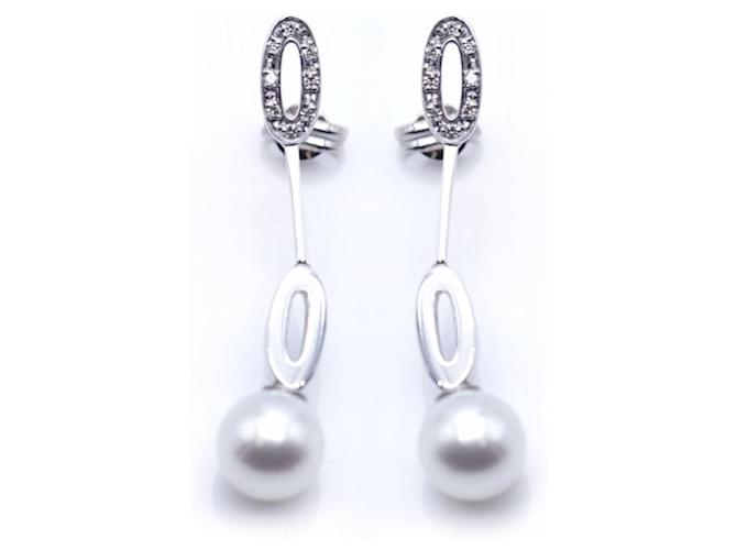 Autre Marque Long earrings in white gold and pearls. Silvery Diamond  ref.1221346