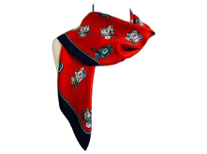 Chanel perfume bottles, Vintage scarf, rare Red Multiple colors Navy blue