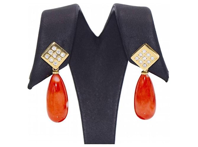 Autre Marque Earrings in Gold, coral and diamonds. Golden Orange Yellow gold  ref.1221828