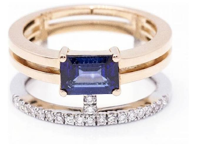 Autre Marque Bague saphir et diamants. Or blanc Or rose Bleu Doré  ref.1221983