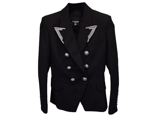 Balmain Double Breasted Embroidered Lapel Blazer in Black Wool  ref.1222141