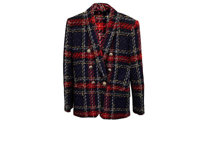 Balmain Tartan lined Breasted Blazer in Multicolor Tweed Multiple colors Acrylic  ref.1222142
