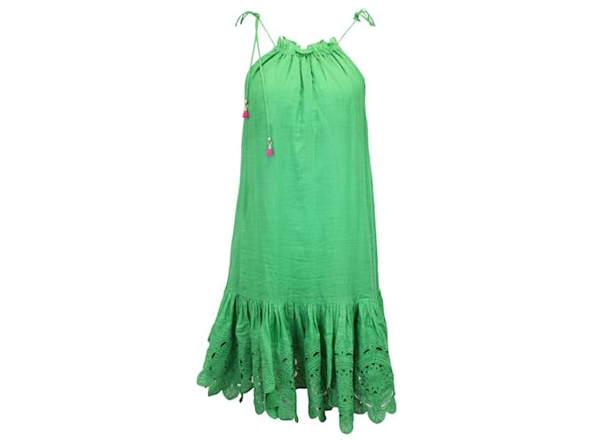 Zimmermann Teddy Gathered Broderie Anglaise Mini Dress in Green Ramie  ref.1222158